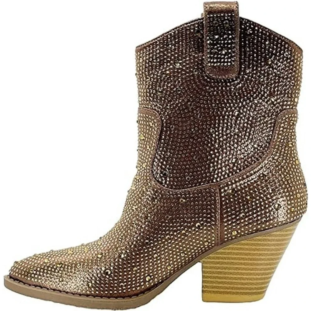 Forever Sparkly Rhinestone Western Boots Brown Block Heel Pointed Toe Size‎ 10